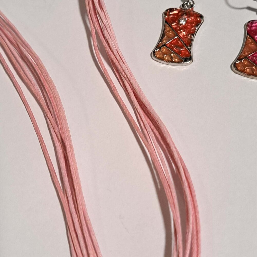 pink orange silver color earing and necklace set large pendant abstract - Picture 5 of 7